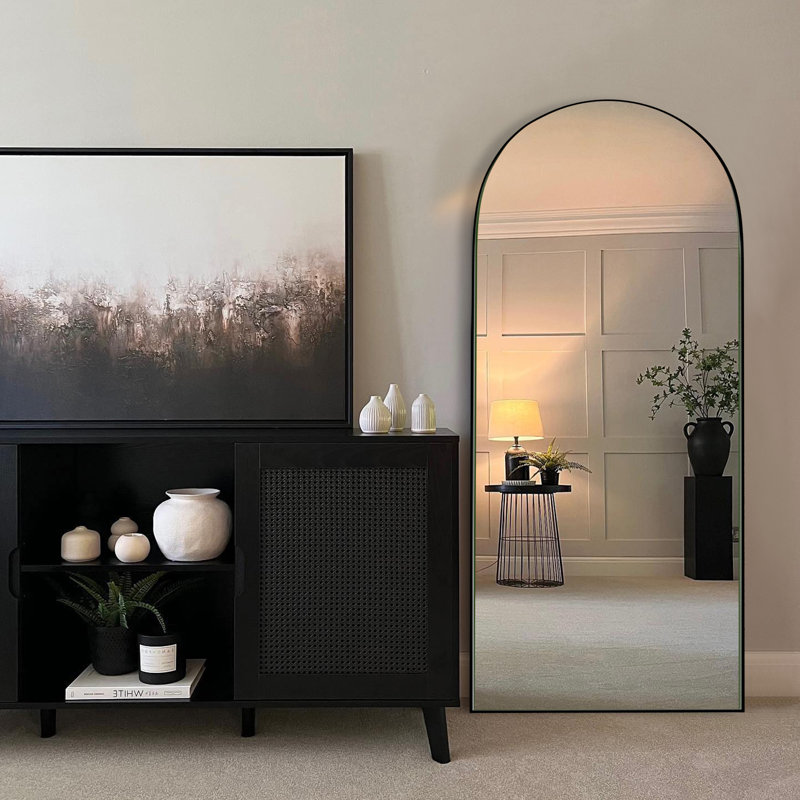 Latitude Run® Leeron Oversized Arch Solid Wood Floor Mirror with Stand ...